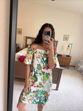 J. Crew off the shoulder Tropical & Multicolor Floral Print Dress